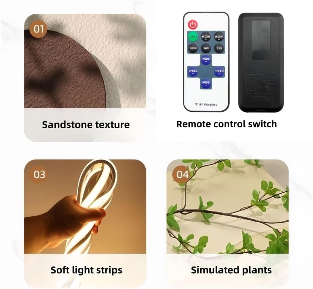 AICHENG 3D Sandstone Wall Art with Warm LED Lights - Plug-in Model《Remote Control Switch》 - Modern Decorative Panel for Entryway, Living Room & Bedroom