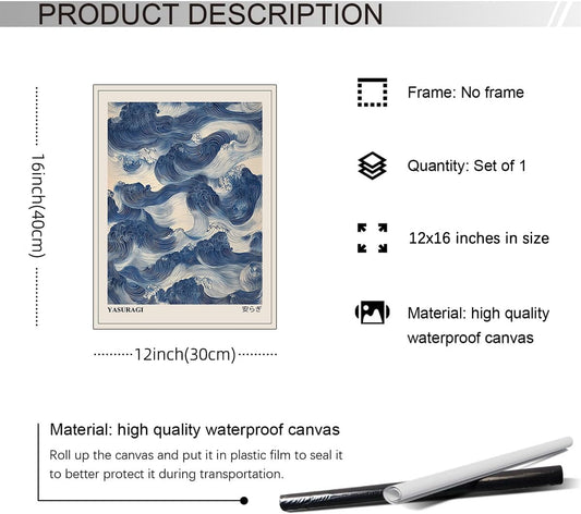 rumlud Japanese Blue Waves Wall Art Vintage Oriental Japandi Wabi Sabi Poster Abstract Giant Waves Canvas Prints for Minimalist Living Room Wall Decor 12X16 inch Unframed