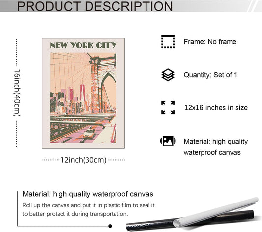 New York City Landscape Pink Posters Retro Us Landmarks Scenery Wall Art Vintage Bridge Canvas Painting for Living Room Bedroom Wall Decor 12x16 inch Unframed