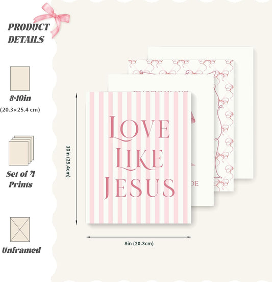LARTSFRO Coquette Pink Bow Jesus Wall Art Decor Posters, Light Pink Bow Christian Room Bedroom Bathroom Dorm Wall Art Decor Aesthetic for College Teen Girls Gifts, Inspirational Bible Verses Bow Wall Decor, 10x8 Inch Set of 4 Bow Pictures (UNFRAMED)