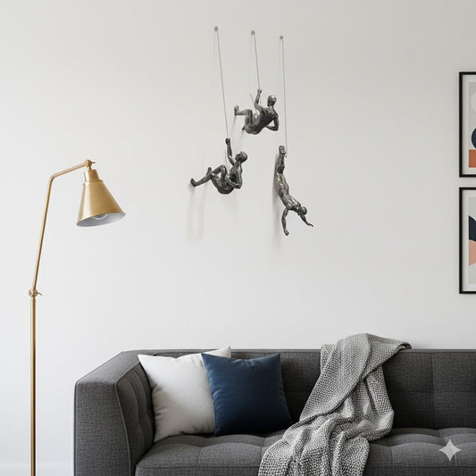 NestVogue Set of 3 Climbing Man Wall Sculpture - 3D Industrial Mountaineering Statue, Modern Abstract Rock Climber Wall Art, Easy-to-Hang Resin Figurine for Home Gym Office Decor, Vintage Bronze
