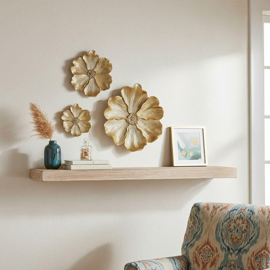 GAOSHENG Vintage Wall Sculpture,3-Piece 3D Flower Art Decor,Shabby Chic Wall Mount Floral Sculptures,Antique Victorian Style Aesthetic Hanging Accents for Living Room,Bedroom,Gallery Wall (Gold)
