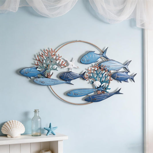 SHENGTIAN Large Metal Fish Wall Art, Fish Wall Decor, Coastal Nautical Wall Art, Outdoor Indoor School of Fish Wall Sculpture, Hanging Metal Fish Art for Living Room Bedroom Beach Home Decor