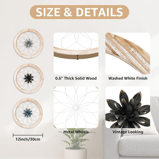 Paquesta 3 Piece Round Farmhouse Wall Decor with 6 Piece Interchangeable Flowers 12'' Medallion Wood & Metal Rustic Wall Art for Living Room Bedroom Kitchen Bathroom Dining Room Home Decorations
