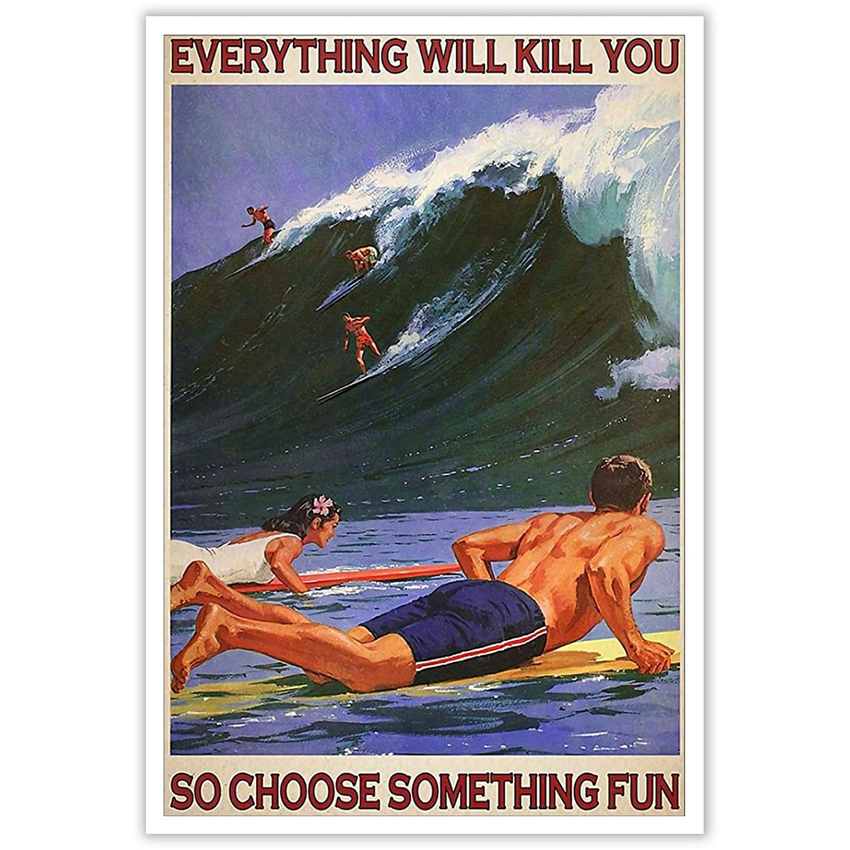 Enveable Retro Hawaii Surfing Fun Poster Summer Tropical Beach Hawaiian Island Beach Art Blue Ocean Wave Surfer Water Sport Surfboard Prints For Home Bedroom Dorm Bathroom Wall Decor 12x16in Unframed