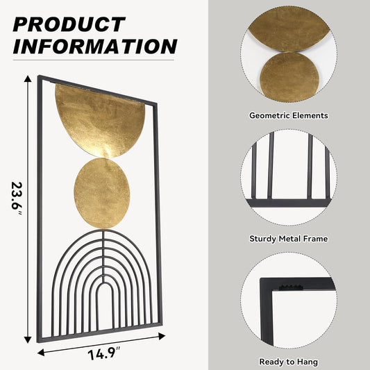 Abstract Geometric Wall Decor Set, Gold and Black Metal Wall Art with Circular and Linear Designs, 2 Piece Framed Modern Wall Sculpture