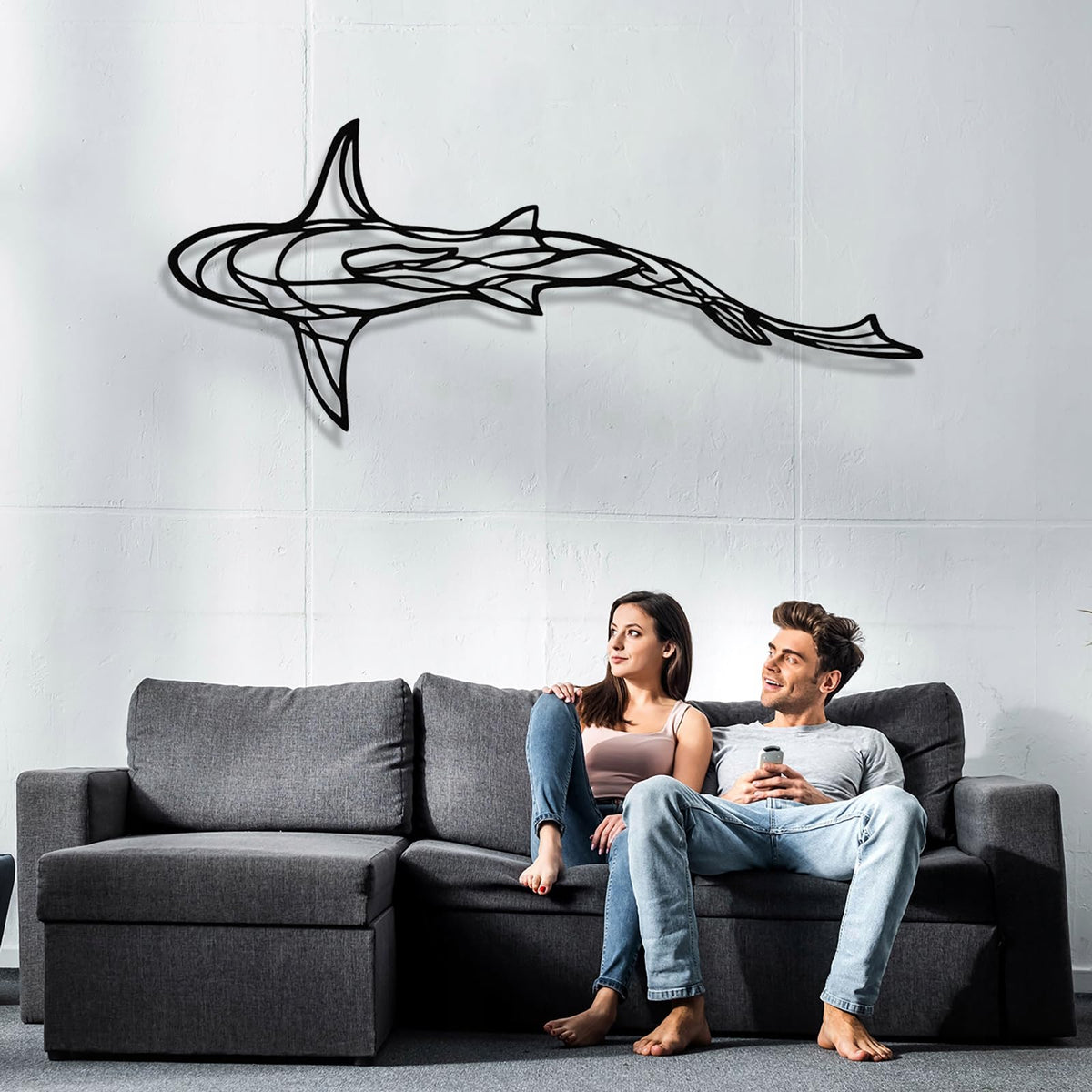 GDSPD Large 3D Metal Shark Wall Decor, Shark Line Wall Art, Metal Wall Art Decor, Metal Shark Sculpture, Ocean Fish Wall Hanging Shark Metal Wall Decor Art Wall Decorations for Living Room Bedroom (2 Pcs (Black))