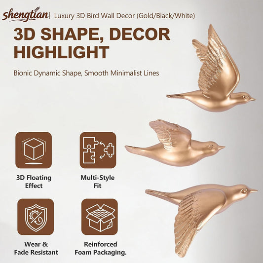 Gold 3D Flying Bird Wall Decor Set of 3, Resin Bird Wall Sculptures