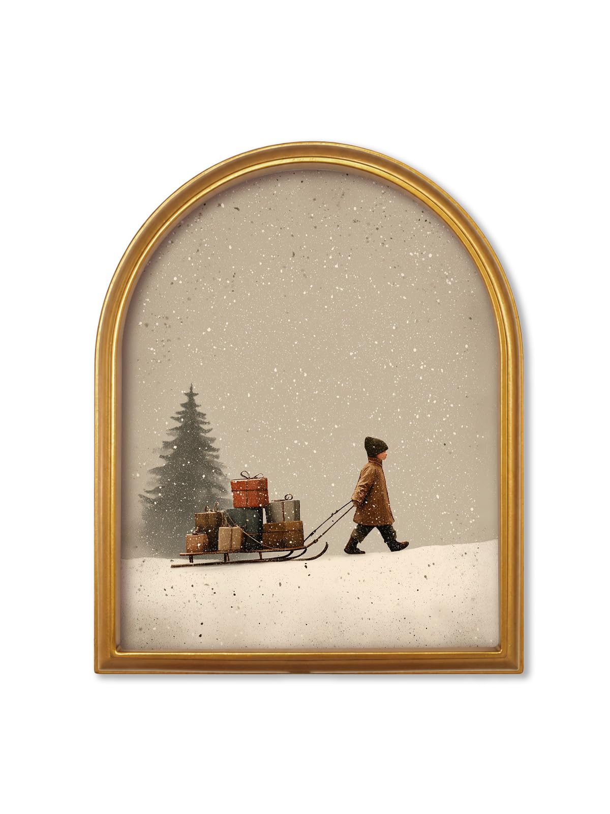TwoDays Vintage Christmas Tree 11" x 13.8" Gold Arched Framed Wall Art