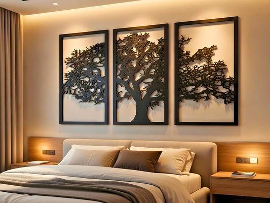 Vailla Tree of Life Wall Art 3pcs Family Tree Wall Decor 3D Wooden Wall Hanging Sculpture Modern Home Decoration 3 Panels Textured Sculptures for Living Room Bedroom Office Dinnig Room