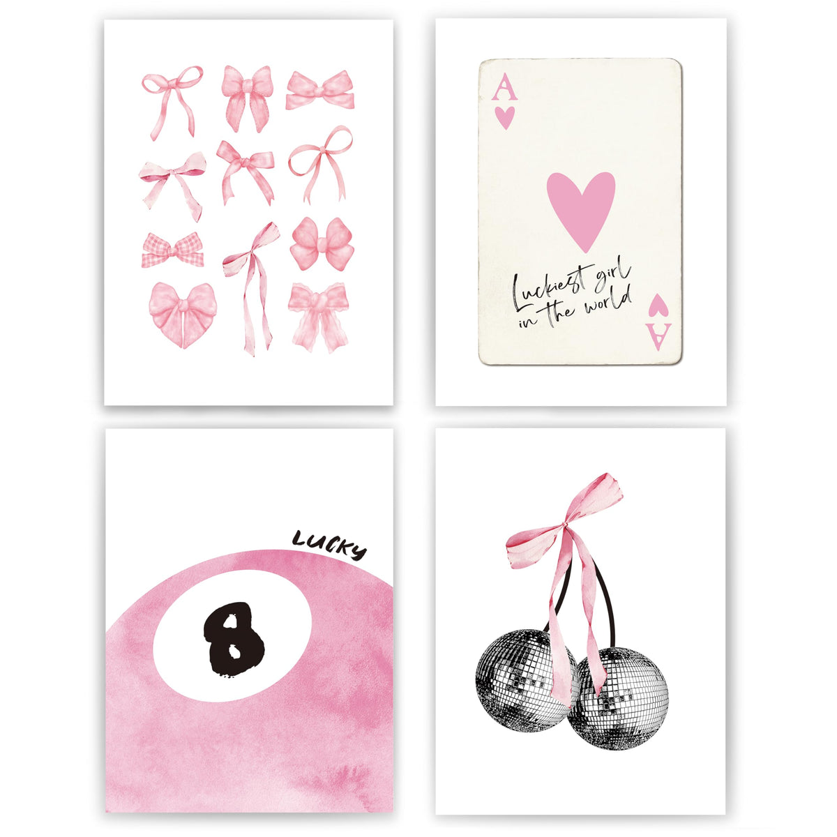 okaxscm Pink Coquette Trendy Preppy Wall Art Prints Set of 4, Coquette Room Decor, Preppy Room Decor Aesthetic, Pink Bow Disco 8 Ball Cherry Wall Decor Posters for Girls Bedroom Dorm, 8x10 Unframed