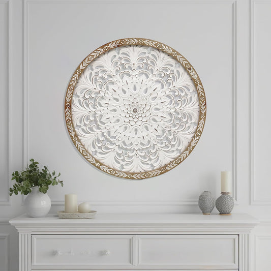 PARISLOFT Farmhouse Wood Round Cutout Floral Wall Decor, Bohemian Wall Sculpture, Carved Mandala Wall Art for Living Room, Bedroom, Entryway, 24.8''