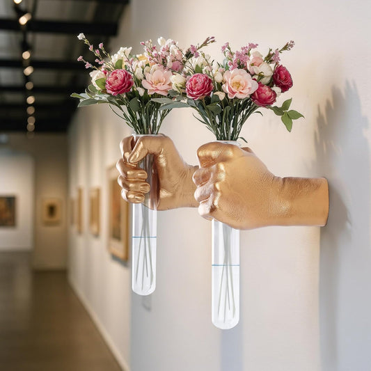 2 Pieces Wall Sculptures, Hands Vase Home Decor, Wall Mount Art Sculpture, Unique Wall Art Statue, Funky Flower Vase Decorations, Modern Eclectic Hanging Decor,Hands Statue (Gold)
