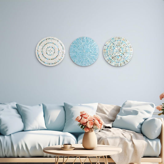 Tioncy 3 Pcs 11.8'' Blue Mother of Pearl Shell Plate Coastal Wall Art