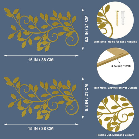 ESTART 2 Pcs Metal Tree Leaf Wall Art Vine Branch Decor, Gold