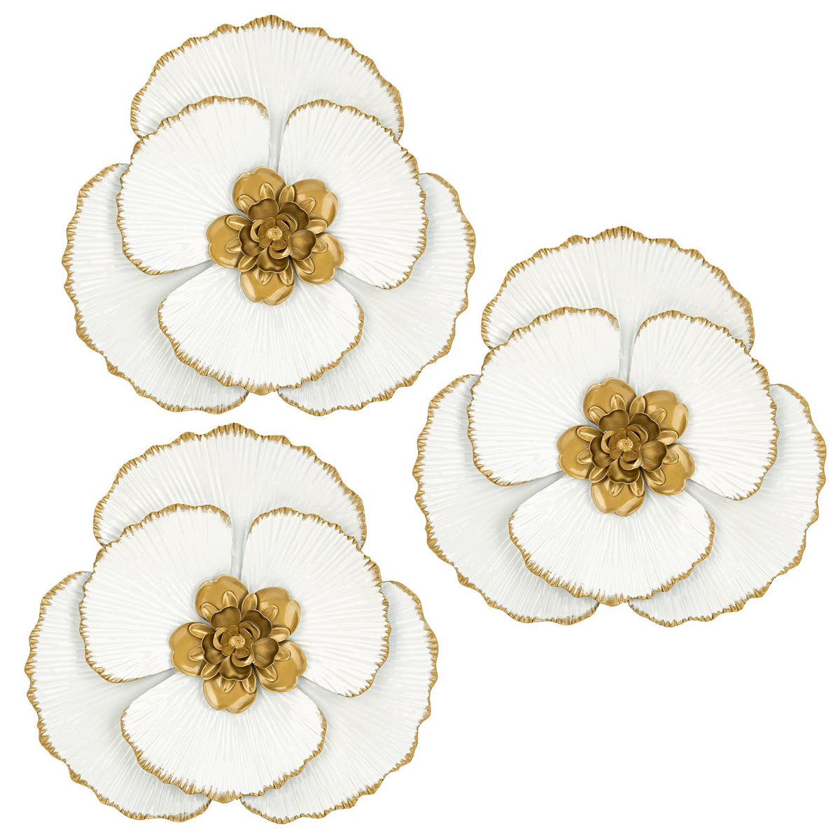 DILATATA 3 Pcs Metal Flower Wall Art Set 10 Inch Rustic Modern Floral Sculpture 3D Metal Flower Wall Hanging Accent for Indoor Living Room Bedroom Kitchen Bathroom Garden Patio Decor - Gold