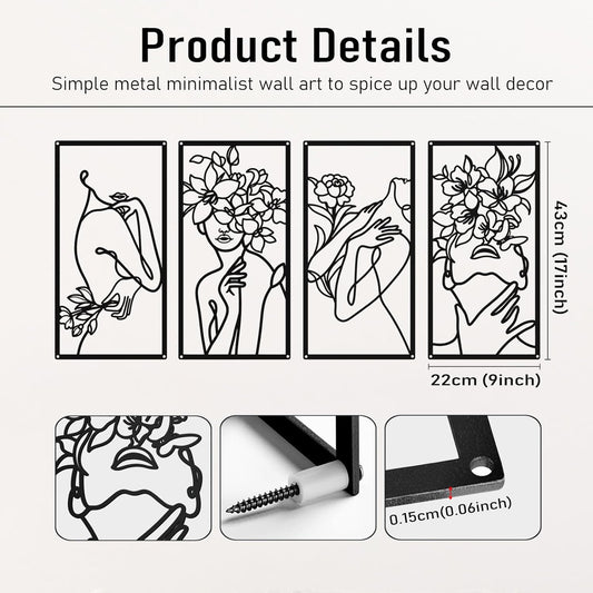 Black Metal Abstract Wall Art, Minimalist Woman Flower Bathroom Wall Decor
