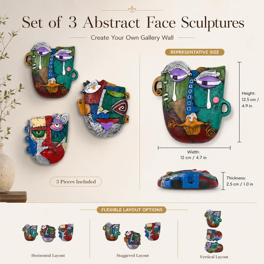 LCCCK Set of 3 Abstract Face Sculptures, 3D Wall Art Decor with Hand Painted Resin Design, Modern Abstract Wall Sculpture for Living Room Bedroom Office, Colorful Boho Home Decor