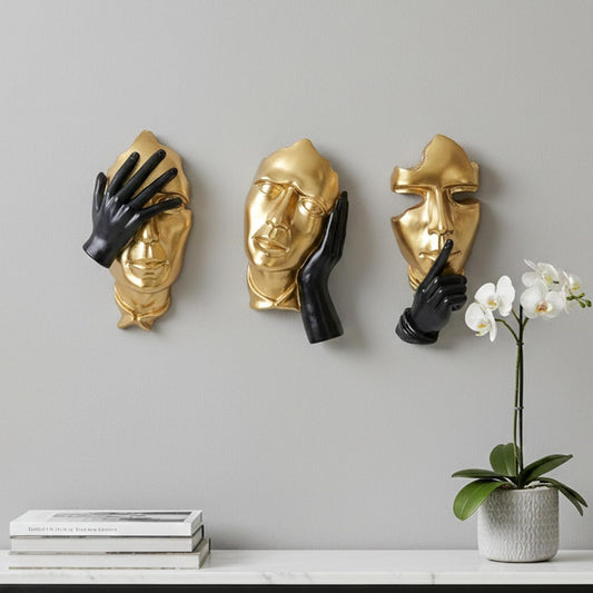 orenm 3-Piece Abstract Face Wall Sculptures, Resin Modern Art Wall Decor for Men Bedroom, Living Room, Office, Studio & Entertainment Center (Gold & black)