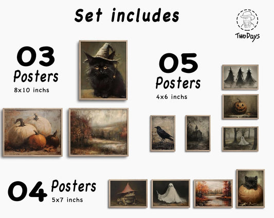 TwoDays Vintage Halloween Room Decor, Horror Spooky Painting Gallery Wall Art, Fall Aesthetic Boo Posters, Witch Ghosts Black Cat Pumpkin Prints (Multi Sizes, 8" X 10" Largest, Set of 12) (Unframed)
