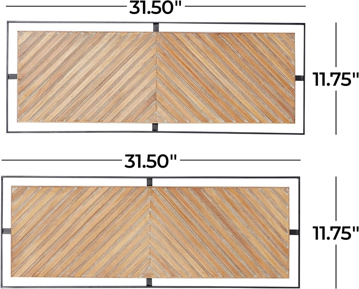 Deco 79 Wooden Geometric Home Wall Decor Linear Carved Wall Sculpture with Black Frame, Set of 2 Wall Art 32"W, 12"H, Brown