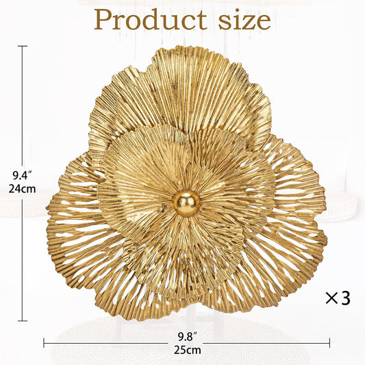 DILATATA 3 Pcs Metal Flower Wall Art Set 10 Inch Rustic Modern Floral Sculpture 3D Metal Flower Wall Hanging Accent for Indoor Living Room Bedroom Kitchen Bathroom Garden Patio Decor - Gold