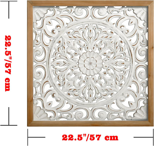 XIAOAIKA Boho Carved Wood Wall Art Panel, Floral Mandala, Distressed White