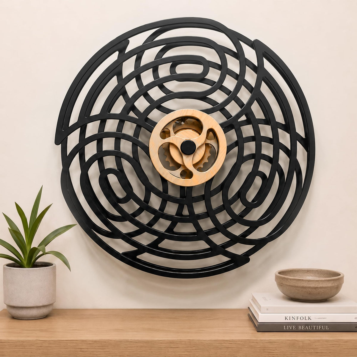 Mindsight Moving Kinetic Wall Art - Wind up to power peaceful motion (no battery) - Calming Wall Décor for Living Room, Office, Bedroom, Kitchen - Hand Crafted Wood - Ripple, Canyon Brown