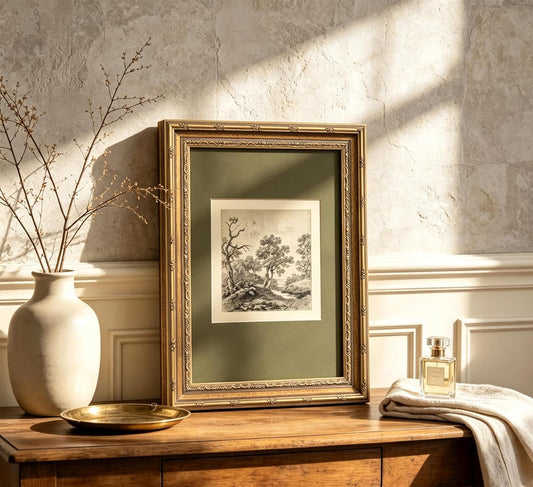 Vintage Gold Framed Wall Art Tree Forest Landscape Painting Canvas Prints Green Gray Tree Natural Sketch Picture Rustic Farmhouse Poster Artwork for Living Room Bedroom Bathroom, 9x11in