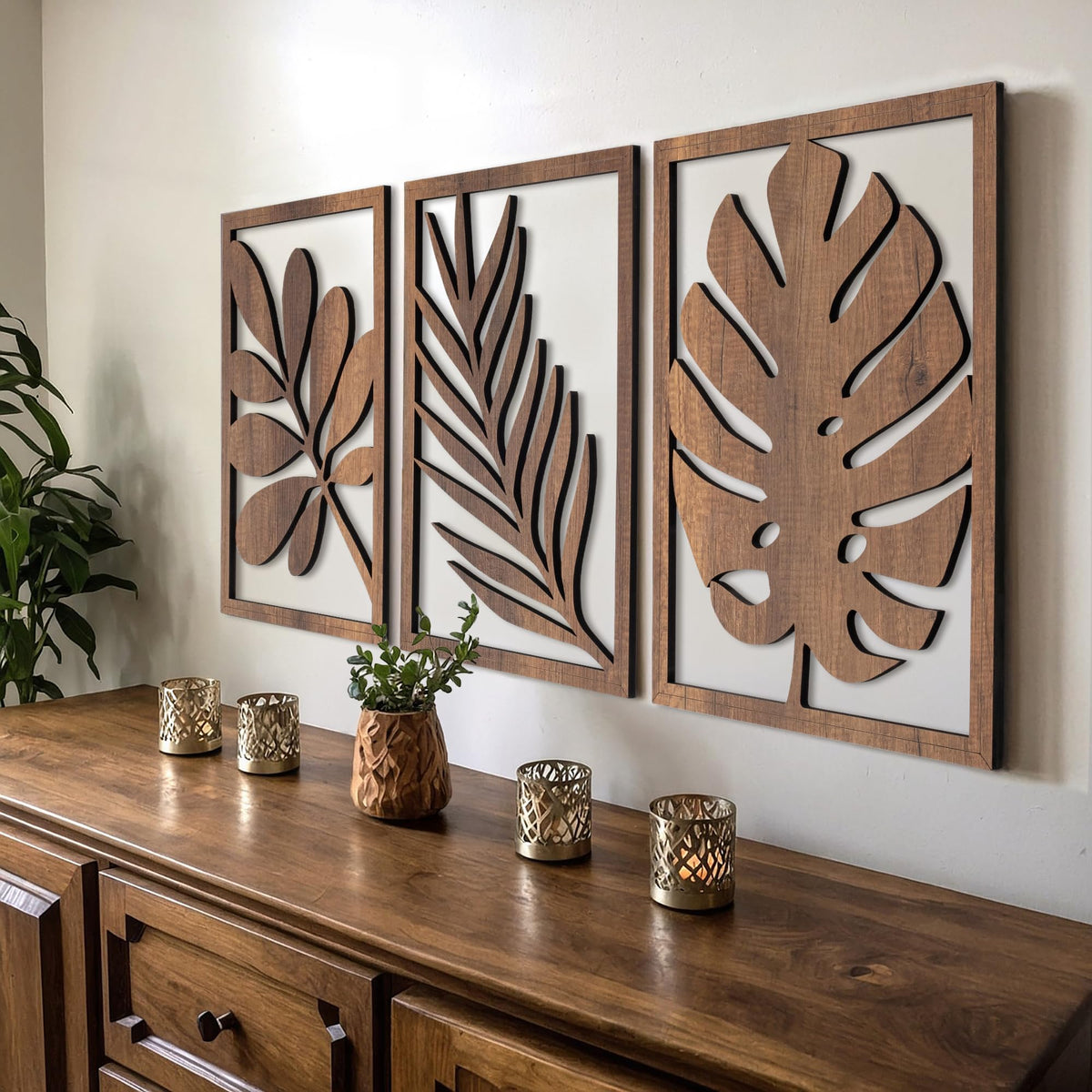 qmmp Modern Wooden Wall Sculptures - Set of 3 - Home Decor Accent - Large Wall Art for Living Room, Bedroom, Office - Easy Installation (Walnut, Medium - Tree Leaves)