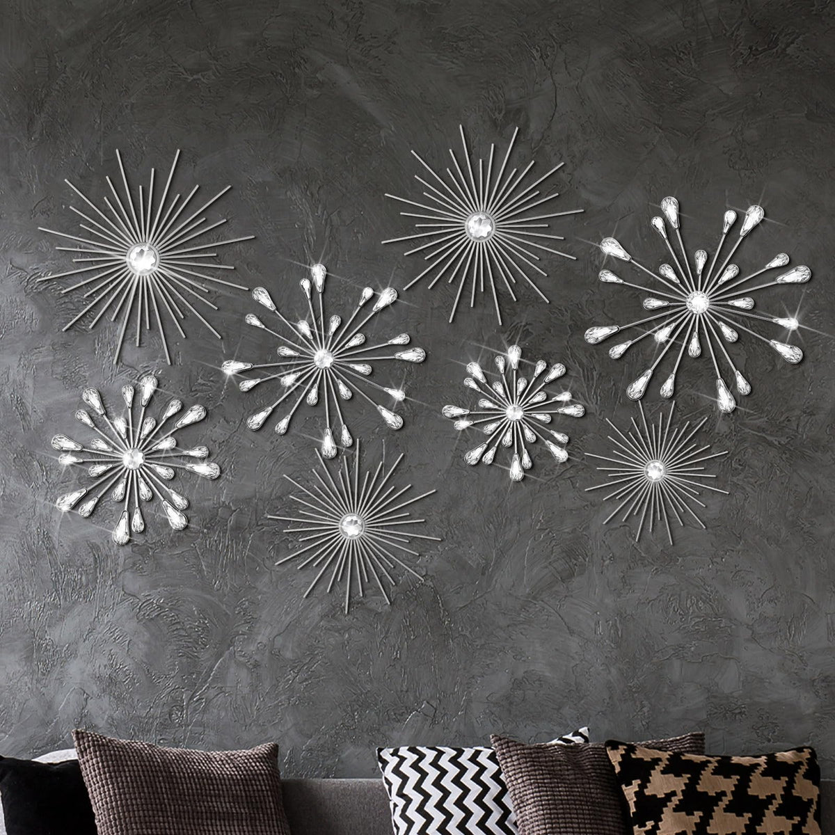 Blulu 8 Pcs Silver Metal Starburst Wall Art, 3D Crystal Teardrop Rhinestone Wall Sculptures, Modern Mid Century Hanging Accents Decor for Living Room Bedroom Entryway Office Home Decoration