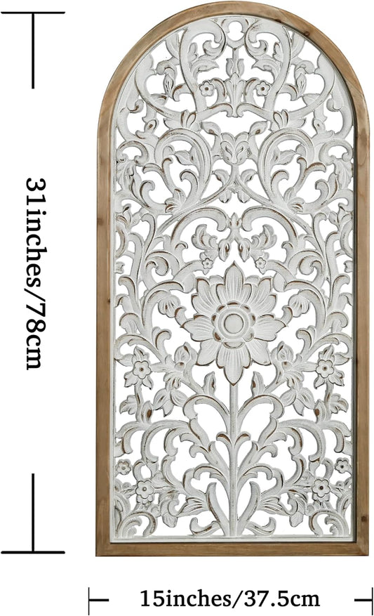 WREVERW Rustic Boho Arched Wood Wall Art, Hand-Carved Floral Pane