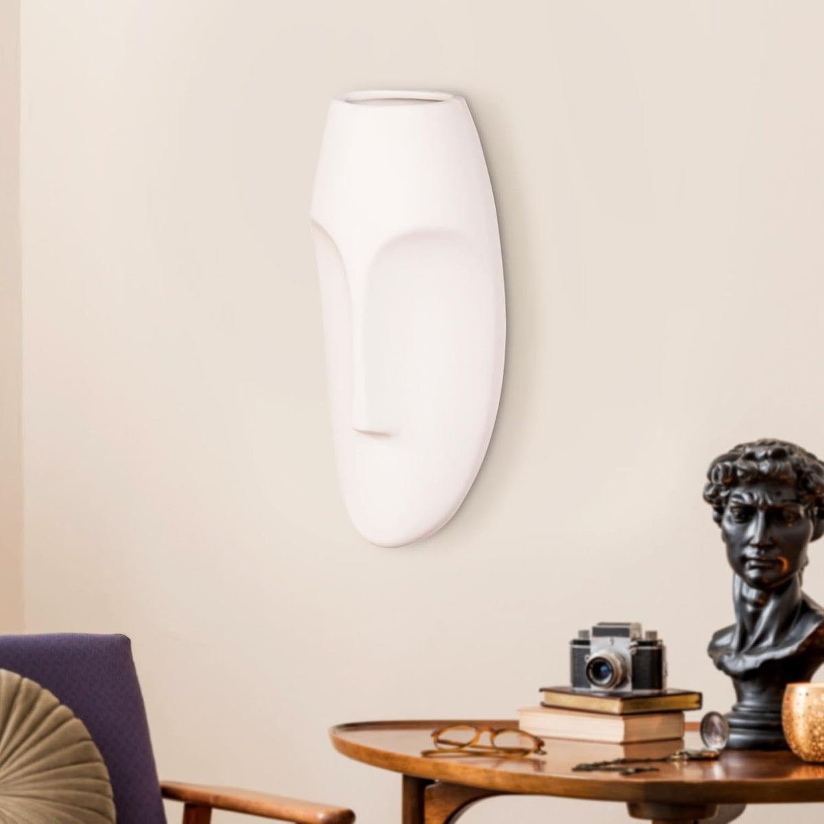 Howard Elliott Collection Oval Wall Hanging Face Sculpture, Contemporary Ceramic Accent for Entryway, Living Room, Hallway or Bedroom Decor, Matte White