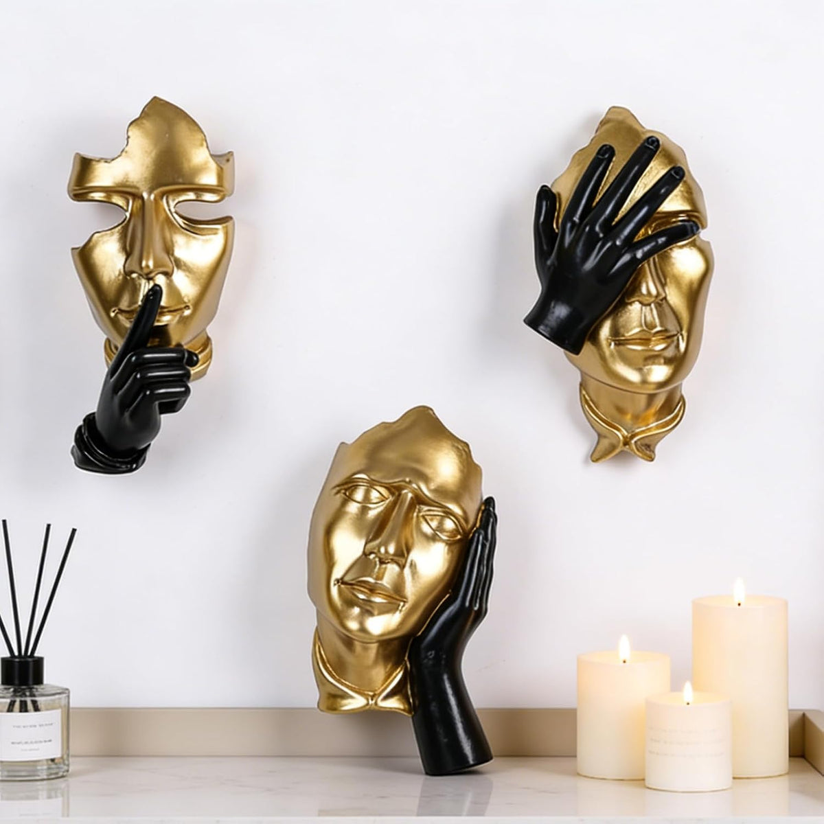 orenm 3-Piece Abstract Face Wall Sculptures, Resin Modern Art Wall Decor for Men Bedroom, Living Room, Office, Studio & Entertainment Center (Gold & black)