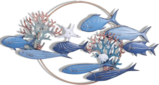 SHENGTIAN Large Metal Fish Wall Art, Fish Wall Decor, Coastal Nautical Wall Art, Outdoor Indoor School of Fish Wall Sculpture, Hanging Metal Fish Art for Living Room Bedroom Beach Home Decor