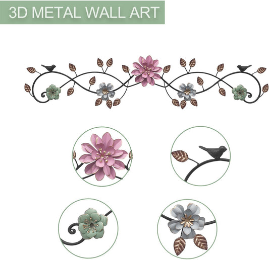 Birminwind Metal Flower Wall Art above Door: 3D Floral Wall Décor above Window with Bird Leaves - 32.28" French Country Decoration above Bed Couch Tv (Colorful)