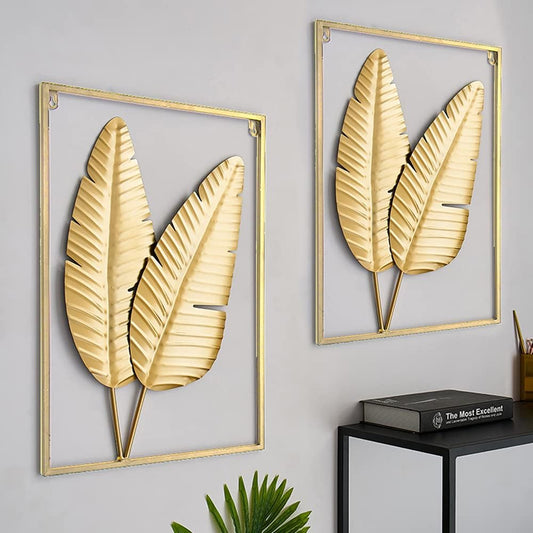 HKaikzo Gold Metal Wall Decor Set of 2, Leaf Hanging Home Decor with Frame, Modern Art Decor Wall Sculptures for Living Room, Bedroom, Office, Hotel, Large 24" X 16"