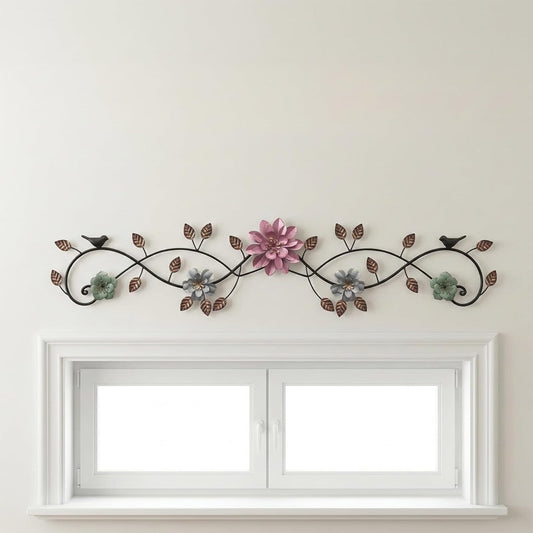 Birminwind Metal Flower Wall Art above Door: 3D Floral Wall Décor above Window with Bird Leaves - 32.28" French Country Decoration above Bed Couch Tv (Colorful)