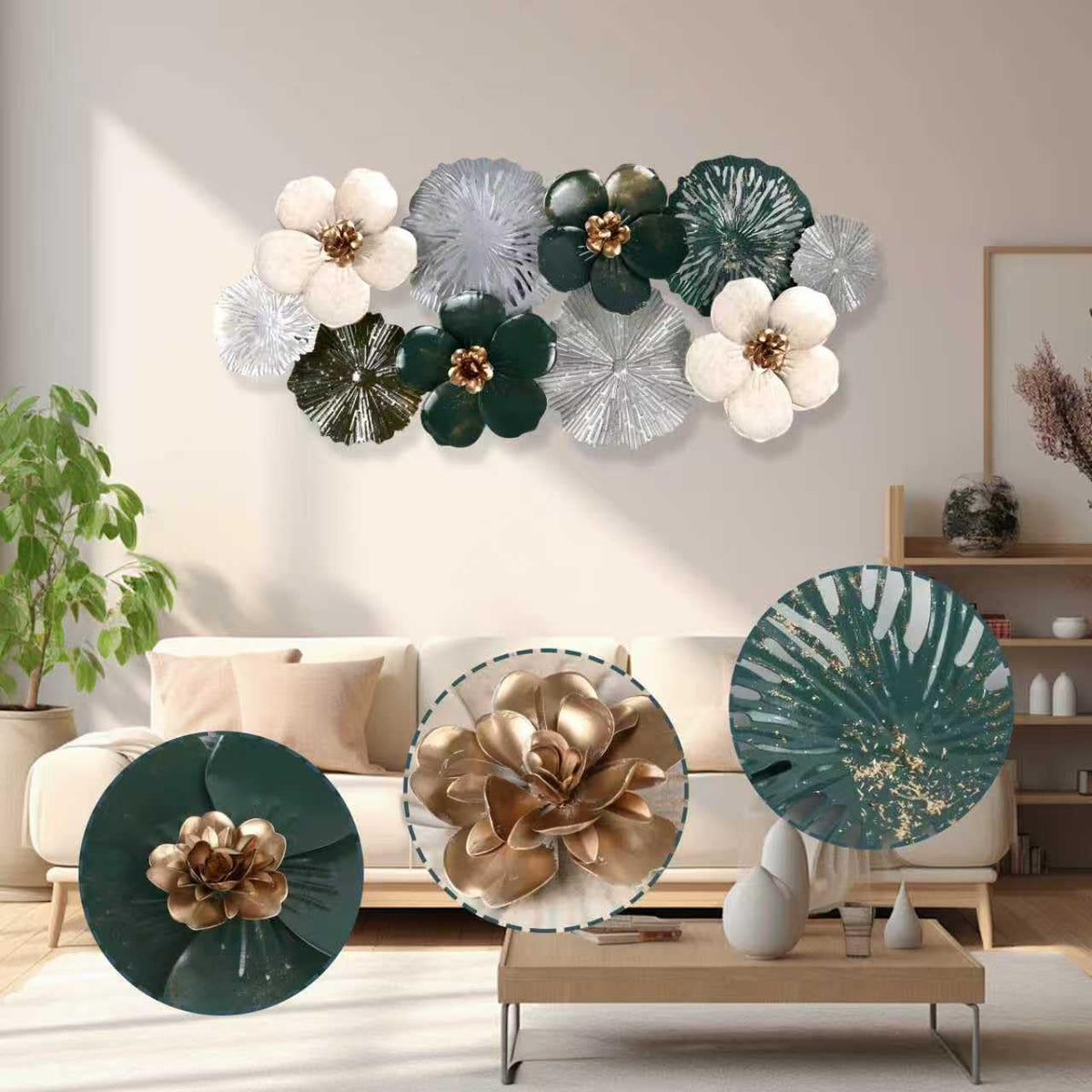 MGFDT Gold & Silver Metal Wall Art, Multi-Color Floral, 46.06" x 22.04"