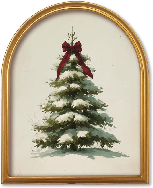 TwoDays Vintage Christmas Tree 11" x 13.8" Gold Arched Framed Wall Art