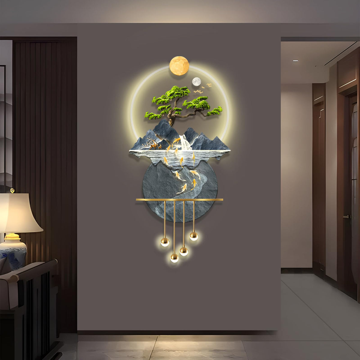 LED Light Art Wall Decor, Modern Home Decor Wall Sculpture with Lights, Walls Art Decorations Lamp, Walls Arts Decors Sculptures Large, Plug-in Power Supply, Gold C, 23x53IN