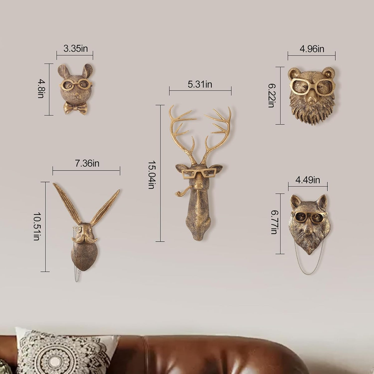 UITWMKTG Gold Animal Head Wall Decor Set of 5 - Deer, Rabbit, Mouse, Bear, Fox Wall Sculptures, Modern Wall Art for Living Room, Bedroom, Office, Gold Wall Hanging Home Decoration