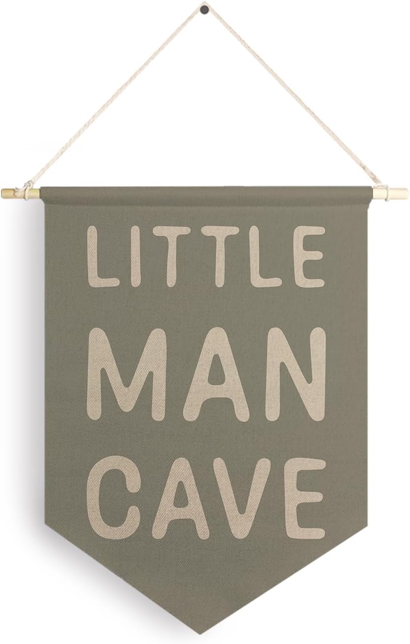 Qpenm Little Man Cave Hanging Wall Canvas Banner, Kids Playroom Hanging Pennant Flag Prints, Nursery Boy Wall Decor, Baby Boy Wall Art poster&prints