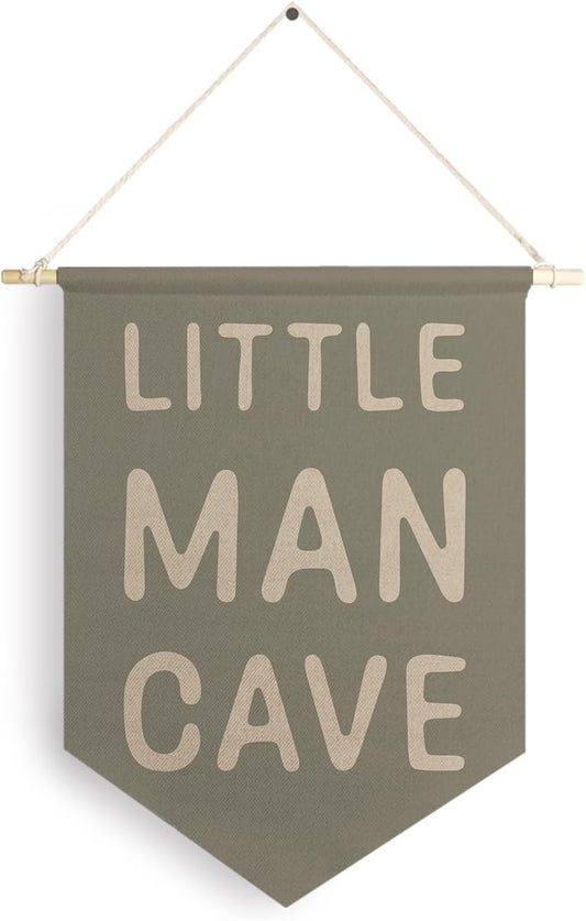Qpenm Little Man Cave Hanging Wall Canvas Banner, Kids Playroom Hanging Pennant Flag Prints, Nursery Boy Wall Decor, Baby Boy Wall Art poster&prints