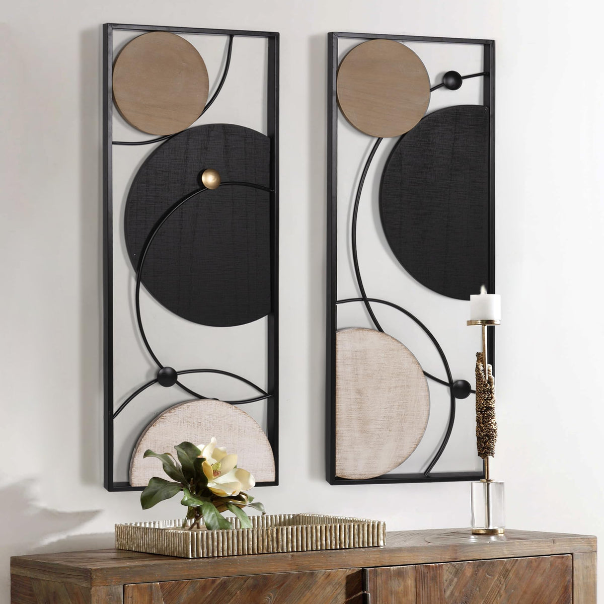 Abstract Geometric Wall Decor Set, Gold and Black Metal Wall Art with Circular and Linear Designs, 2 Piece Framed Modern Wall Sculpture