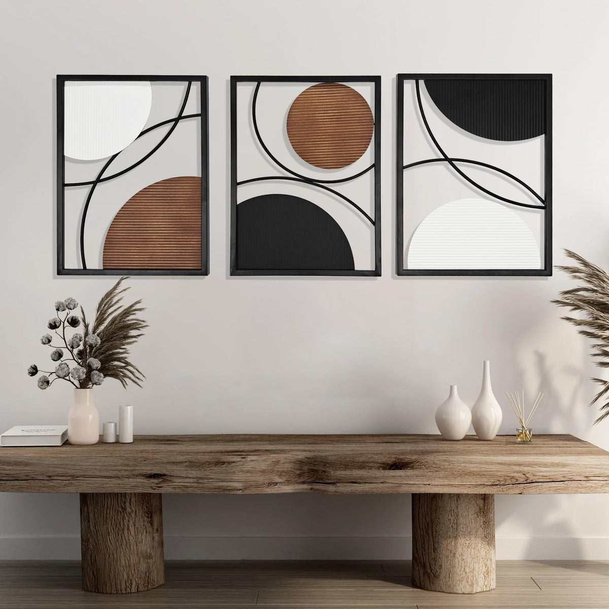 Abstract Geometric Wall Decor Set, Gold and Black Metal Wall Art with Circular and Linear Designs, 2 Piece Framed Modern Wall Sculpture