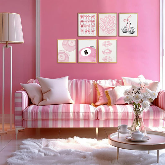 Cute Pink Girl Poster Set of 6, Light Pink Coquette Wall Art Trendy Lucky 8 Ball Wall Decor Paintings Pastel College Apartment Bedroom Living Room Dorm 8x10 inch Unframed