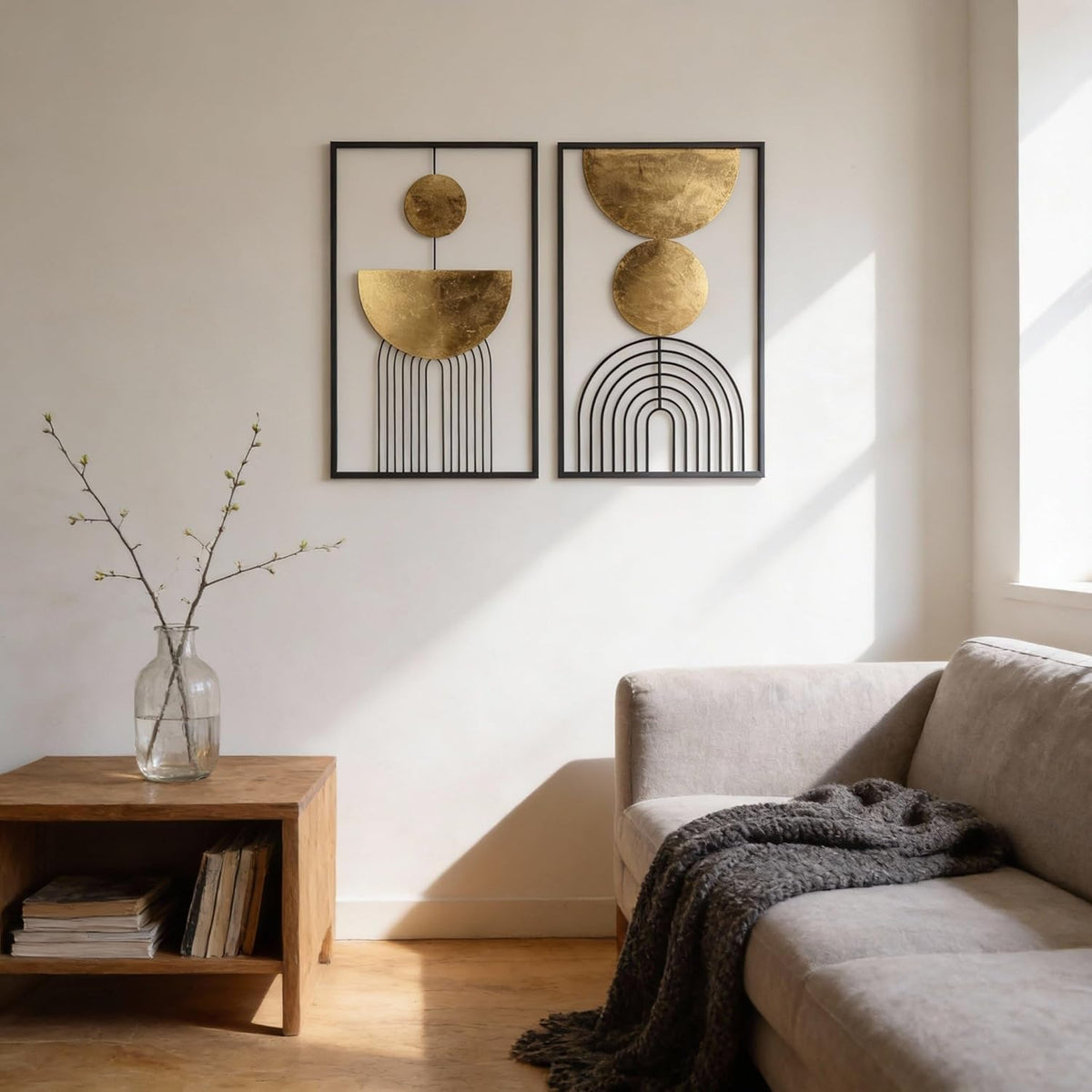 Abstract Geometric Wall Decor Set, Gold and Black Metal Wall Art with Circular and Linear Designs, 2 Piece Framed Modern Wall Sculpture