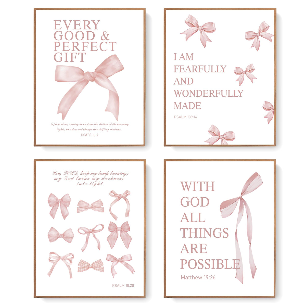 LARTSFRO Coquette Pink Bow Christian Wall Art Decor Posters, Pink Bow Christian Bathroom Room Bedroom Dorm Wall Art Decor Aesthetic for College Teen Girls Gifts,Inspirational Bible Verses Bow Wall Decor, 10x8 Inch Set of 4 Bow Pictures(UNFRAMED)