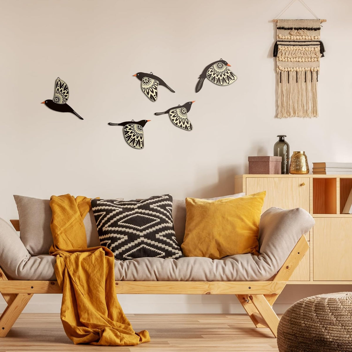 Barydat 5 Pcs Wooden Bird Wall Art decor folk Birds art Decor,Black